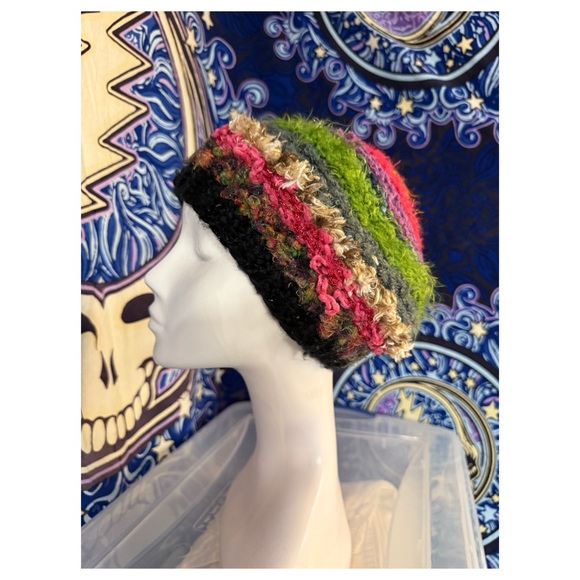 Handmade Crochet Bonnet Hat - Multicolor Textured Stripes - Picture 2 of 6